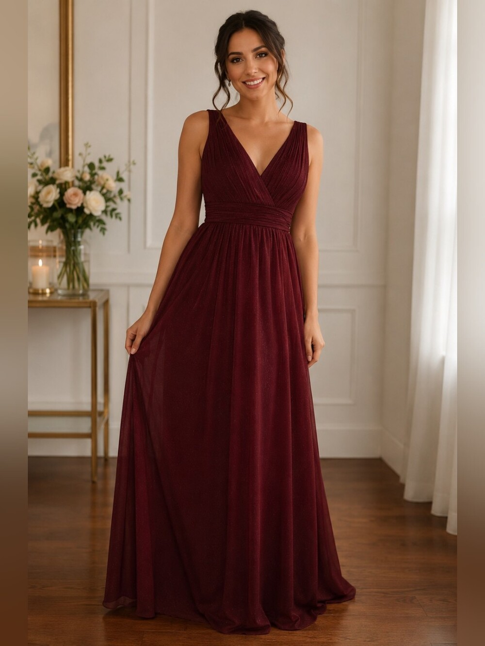 Ever Pretty Burgundy Sparkle Chiffon V-Neck Evening Gown